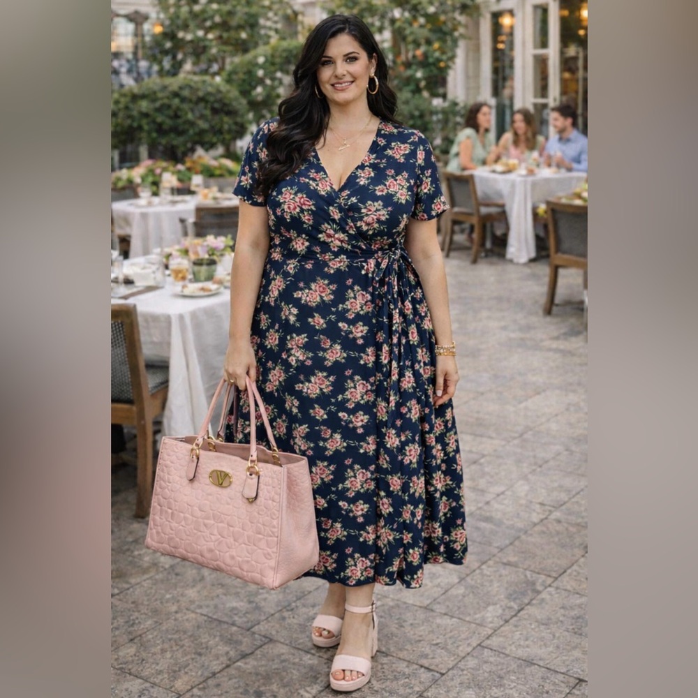 NEW Chris & Carol Floral Wrap Dress in Navy and Pink size 2X 🌺🌹🌸 BRB SL 2 - Picture 1 of 6